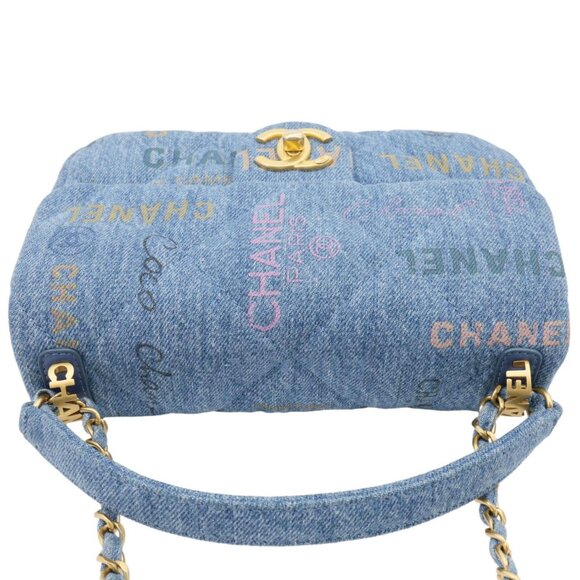 CHANEL  Mood Flap Small Quilted Denim Logo Printed Shoulder Bag Blue - Picture 4 of 11